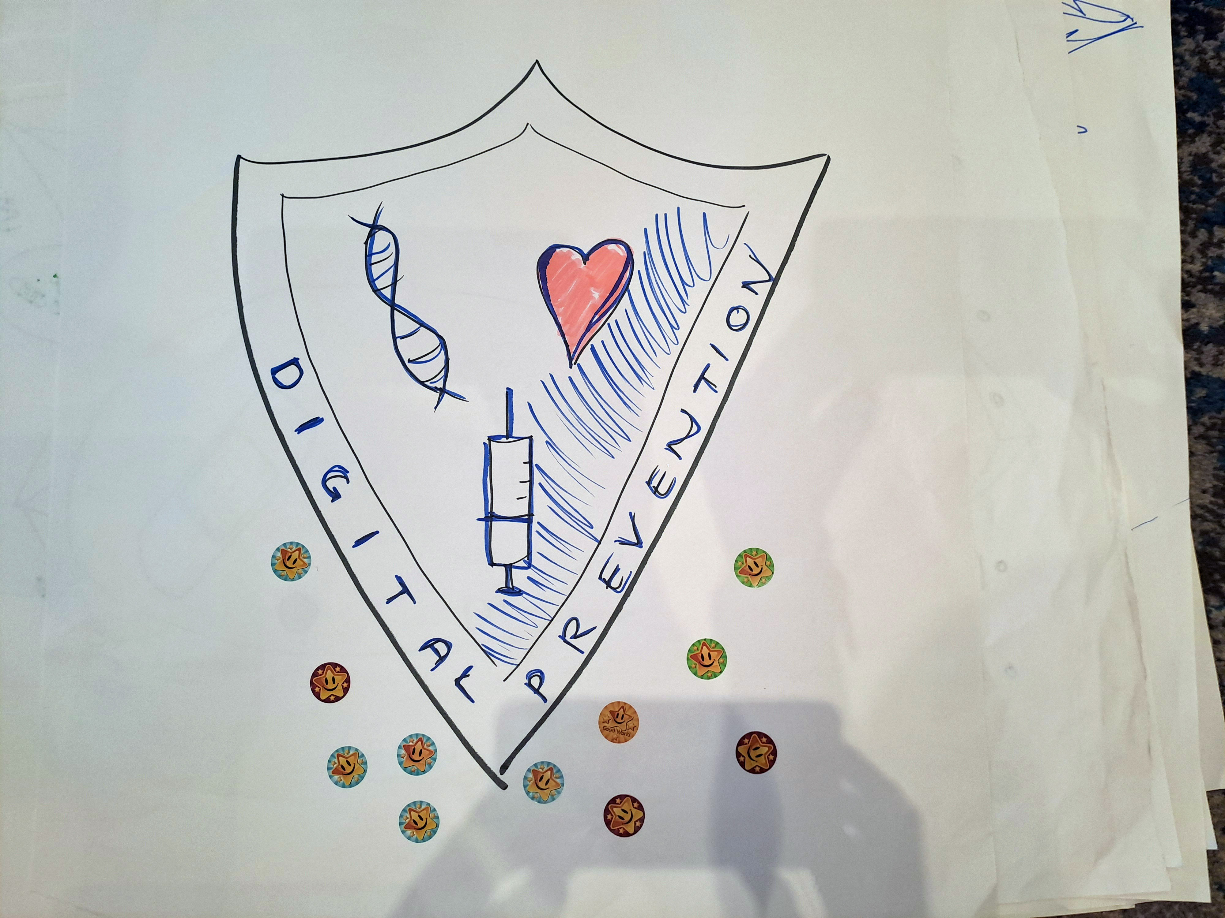 Hand-drawn shield design with DNA helix, heart, syringe, and the words Digital Prevention