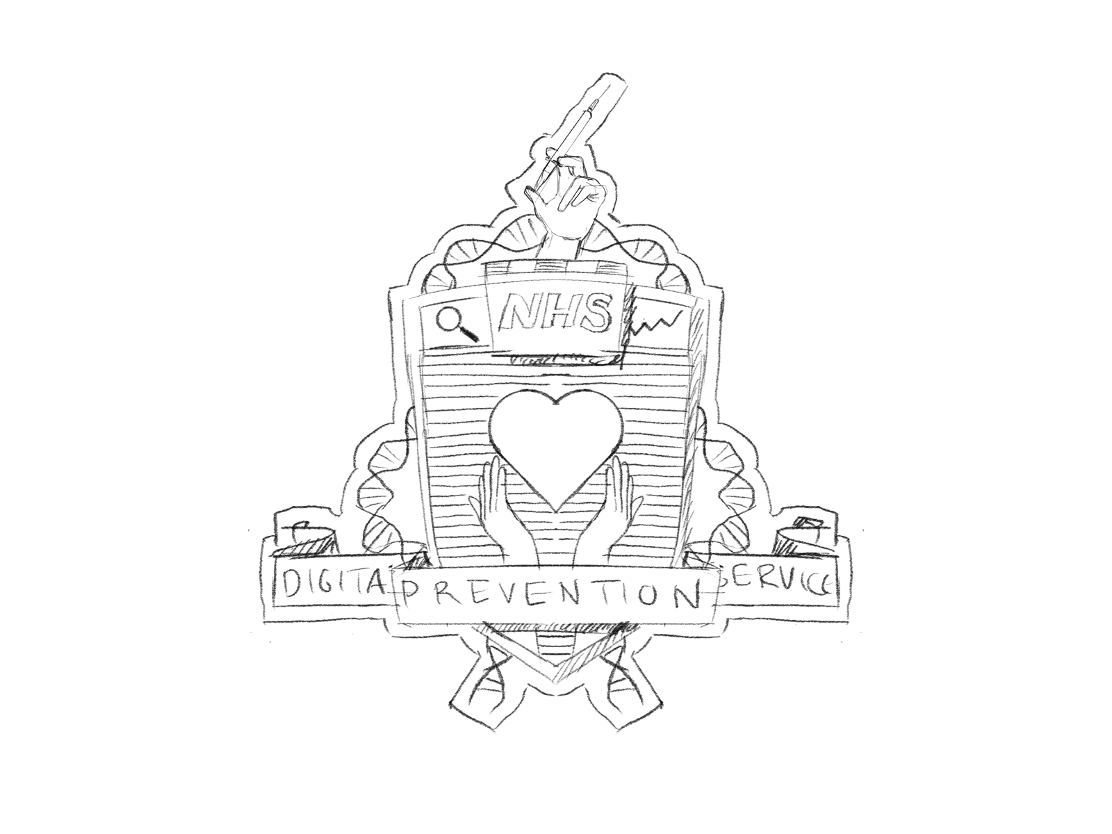 Pencil sketch of a shield crest with NHS logo, search icon, heart monitor, syringe, hands holding heart, and Digital Prevention Services banner