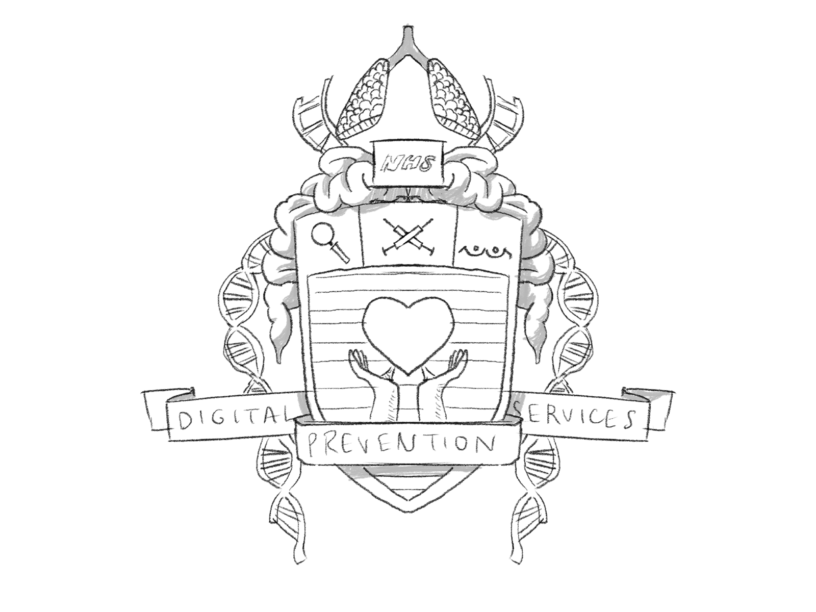 Refined pencil sketch of shield crest with NHS helmet, DNA helixes, corn cobs, magnifying glass, crossed syringes, hands holding heart, and Digital Prevention Services banner