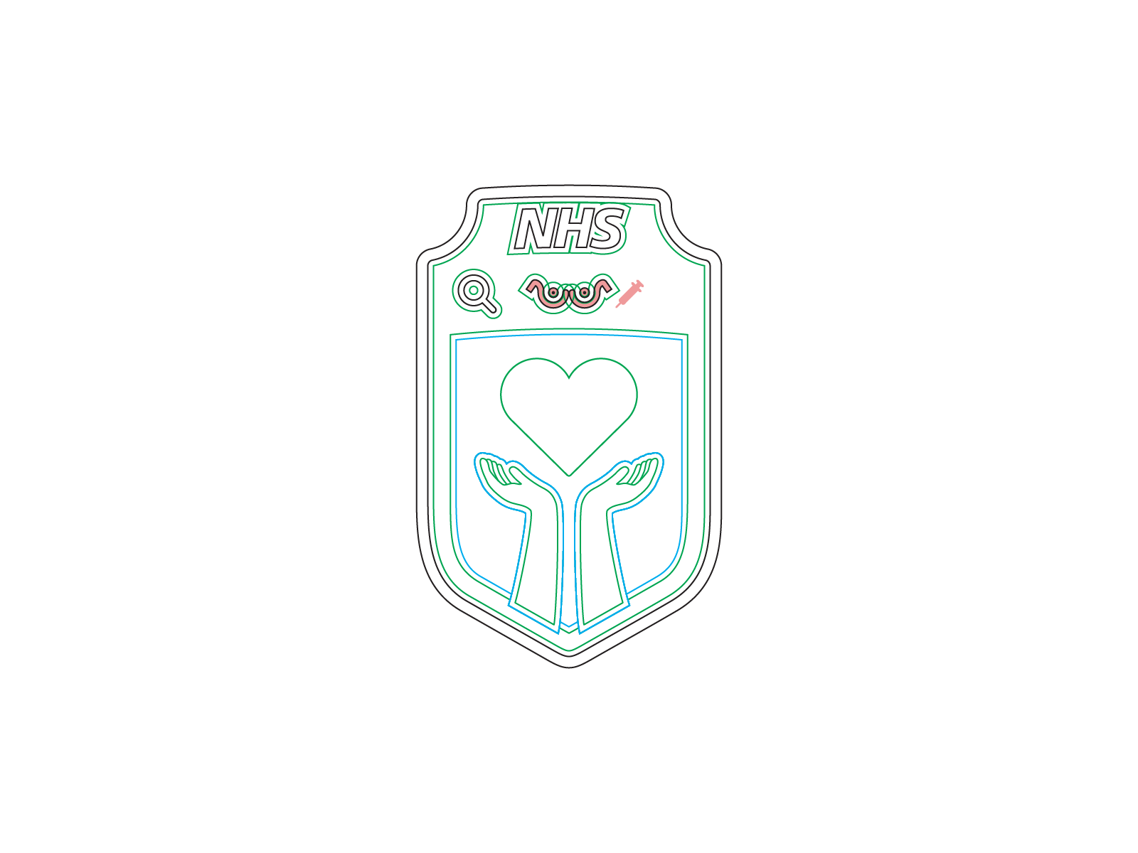 Vector iteration: outlined shield with NHS logo, coloured icons for search, health check, syringe, hands holding heart