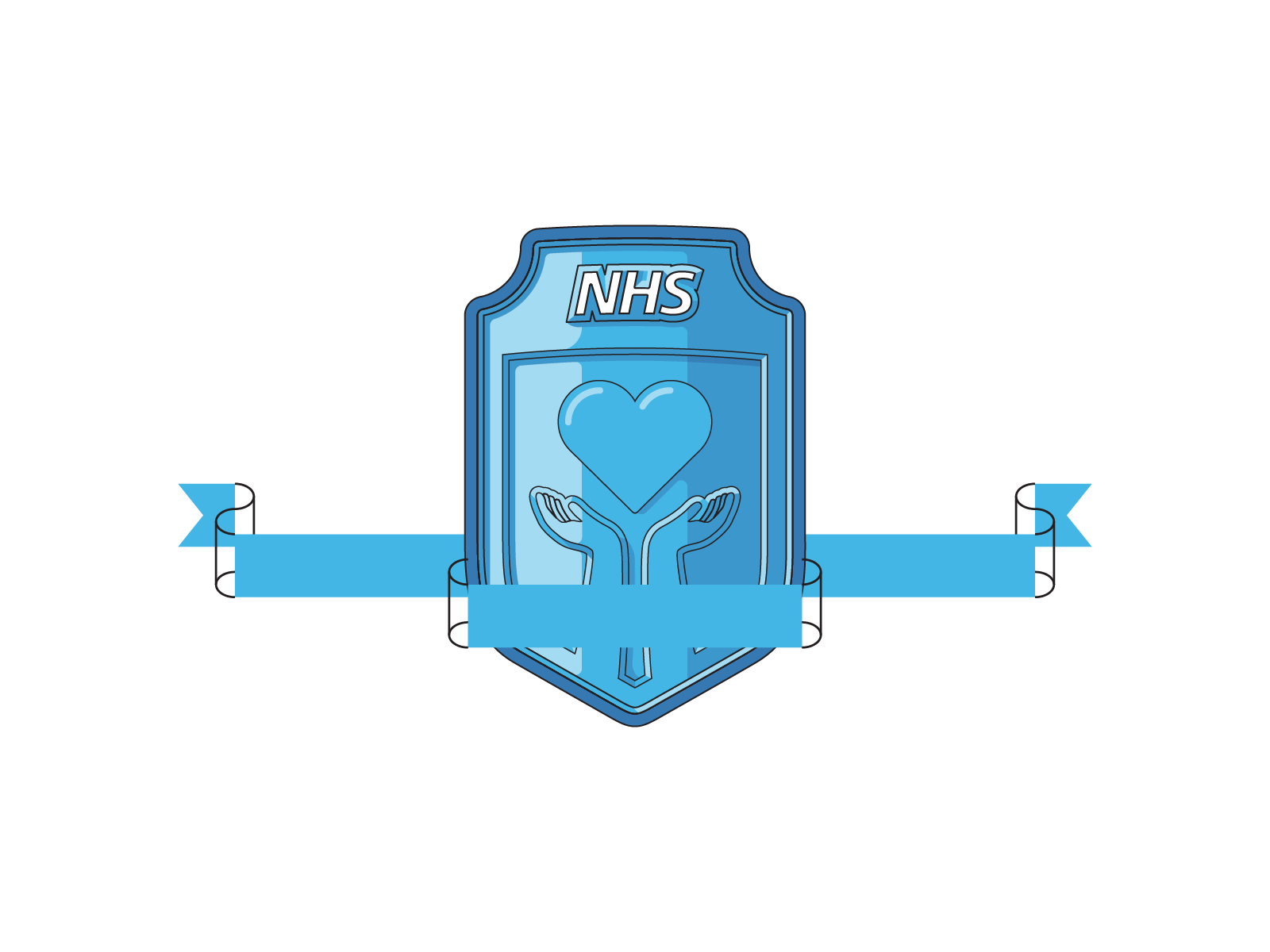 Vector iteration: blue shield with NHS logo, heart and hands, with blank blue ribbon banner