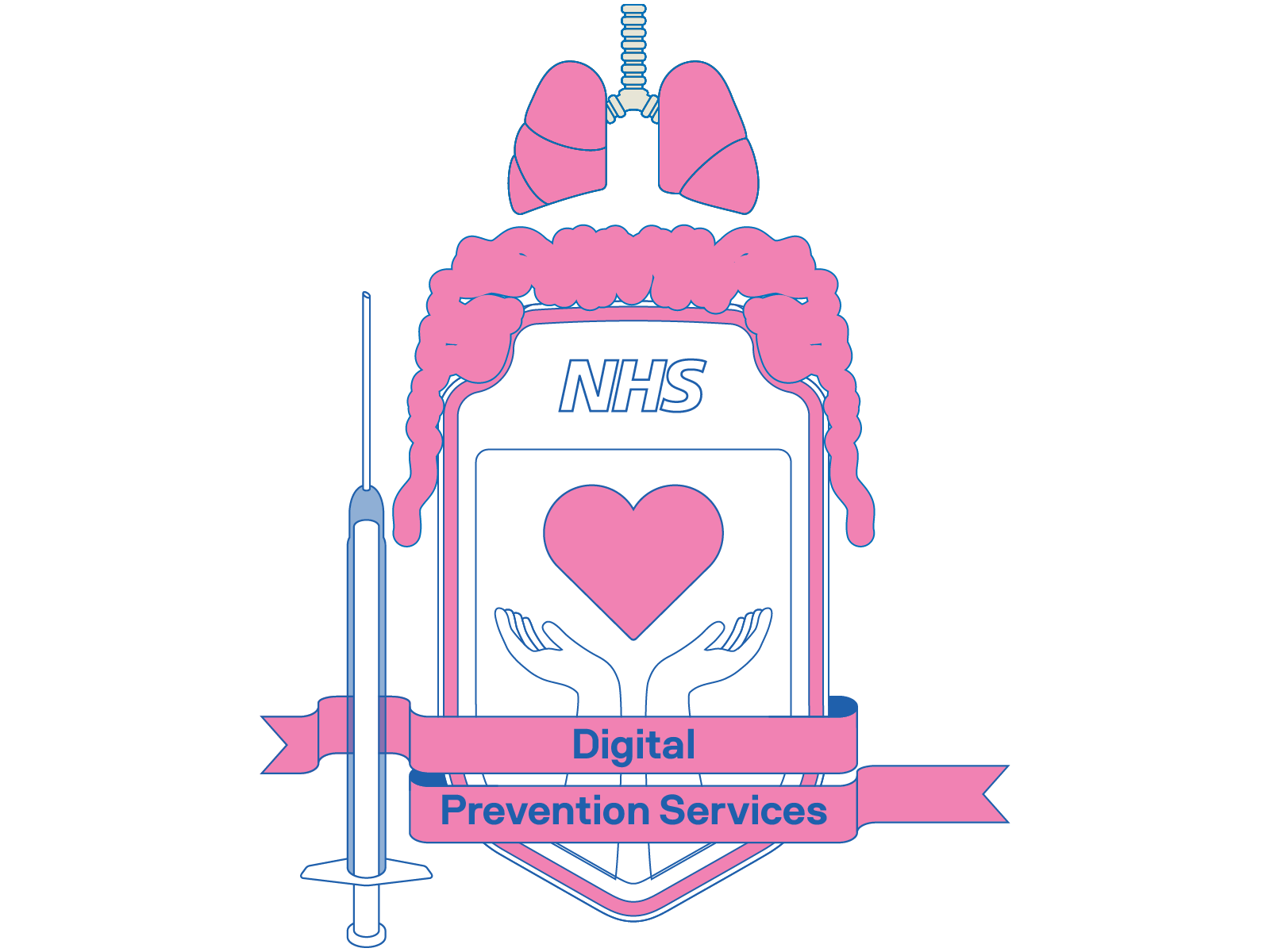 Vector iteration: pink intestines framing the shield, lungs on top, syringe to the side, Digital Prevention Services banners