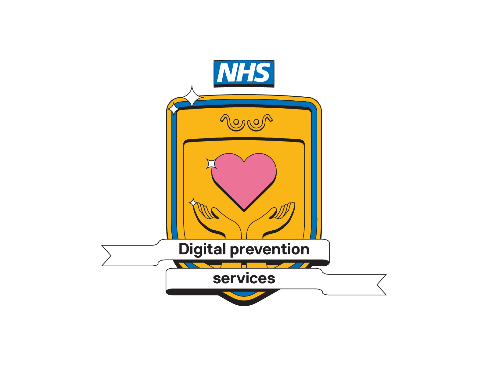 Vector iteration: bold yellow shield with NHS logo, squiggle motif, hands holding heart, sparkles, and Digital prevention services ribbon