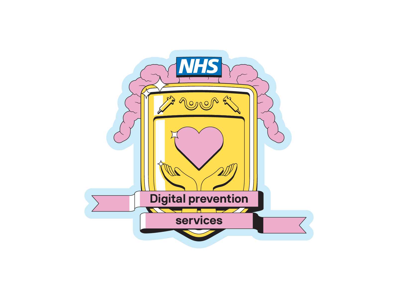 Vector iteration: yellow shield with pink intestines as mantling, NHS logo, syringes, squiggle, hands holding heart, bowels, blue background