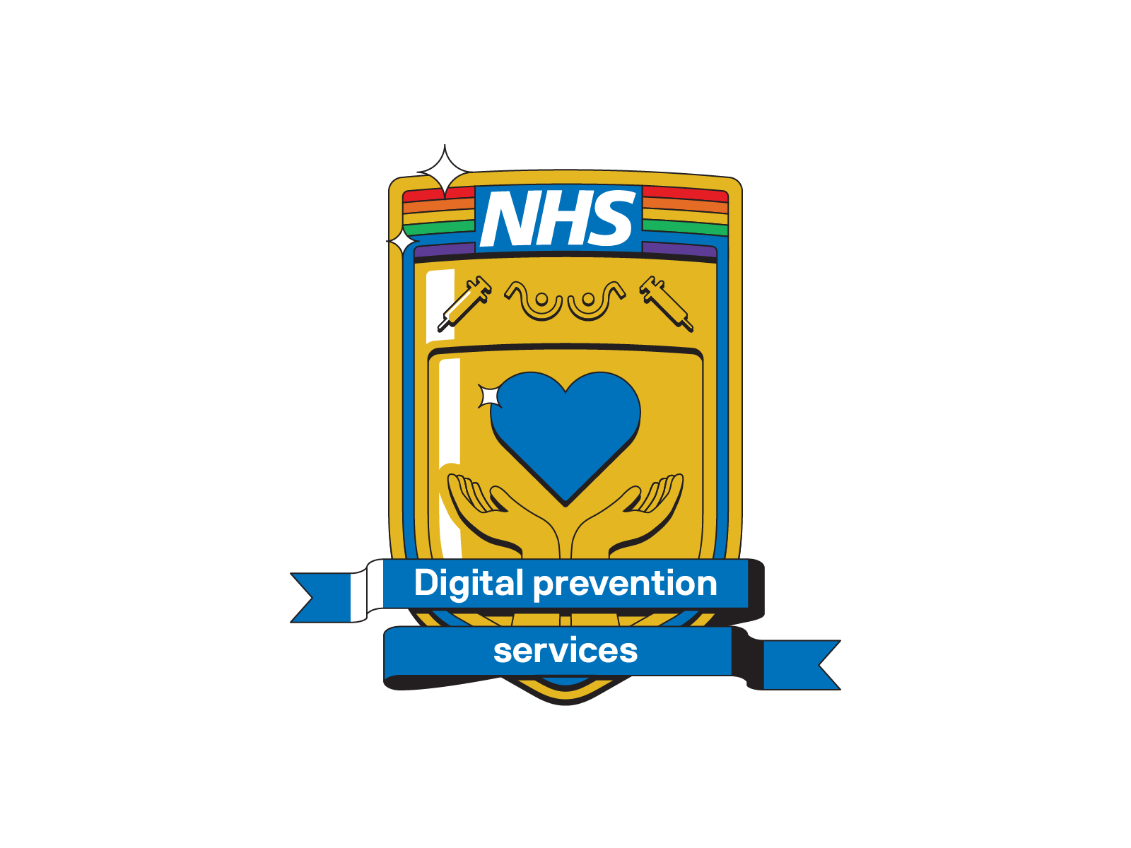 Vector iteration: yellow shield with rainbow stripe behind NHS logo, blue heart, syringes, squiggle, hands, Digital prevention services blue ribbon
