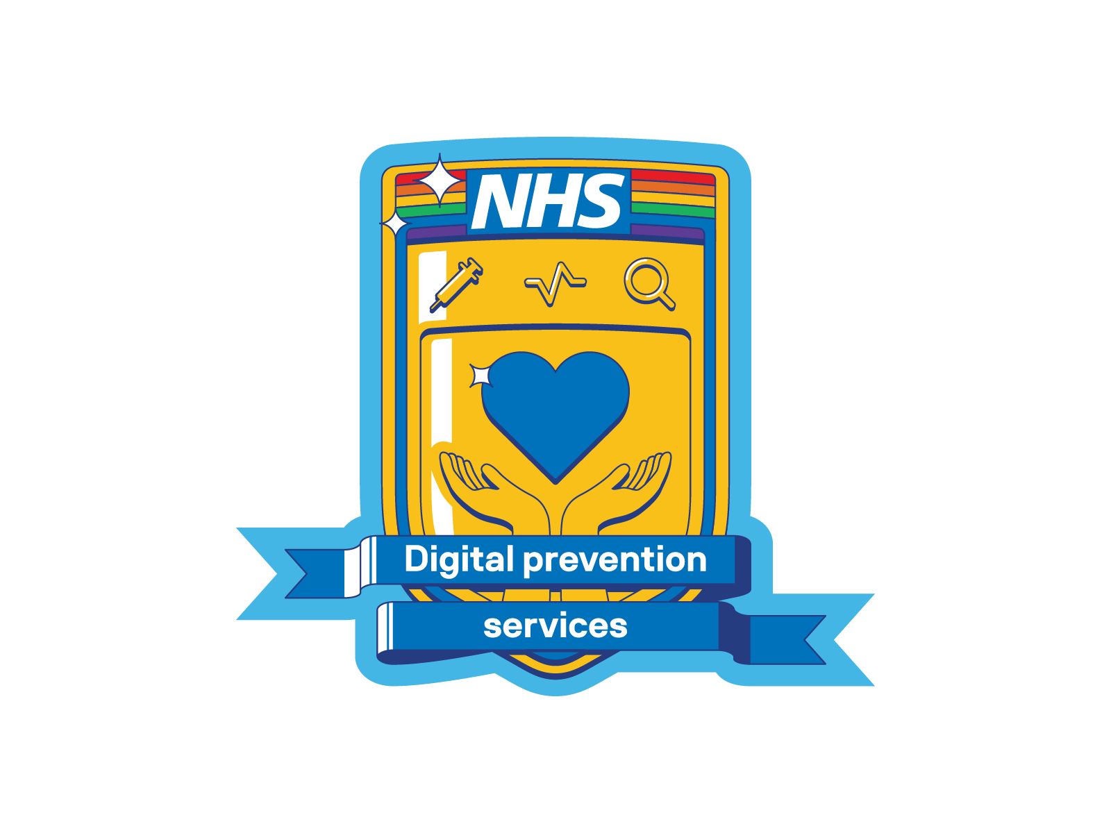 Final sticker design: yellow shield with rainbow, NHS logo, syringe, square root symbol, magnifying glass icons, blue heart with hands, blue ribbons reading Digital prevention services, light blue background